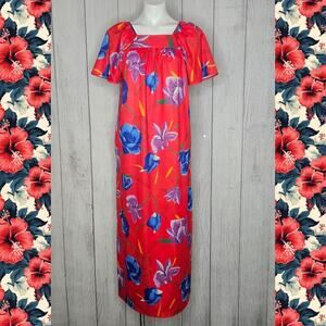 VTG 70s 80s Red Hawiaan Print Maxi Dress By SPOTLIGHT, sz Medium